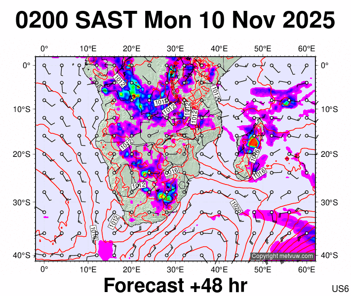 South Africa forecast chart for Monday, November 10th, 2025 at 12:00 AM