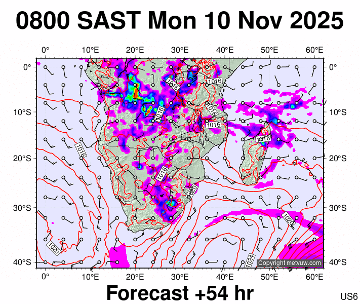 South Africa forecast chart for Monday, November 10th, 2025 at 6:00 AM
