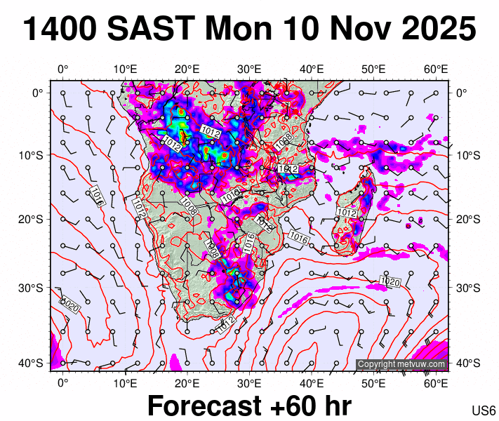 South Africa forecast chart for Monday, November 10th, 2025 at 12:00 PM
