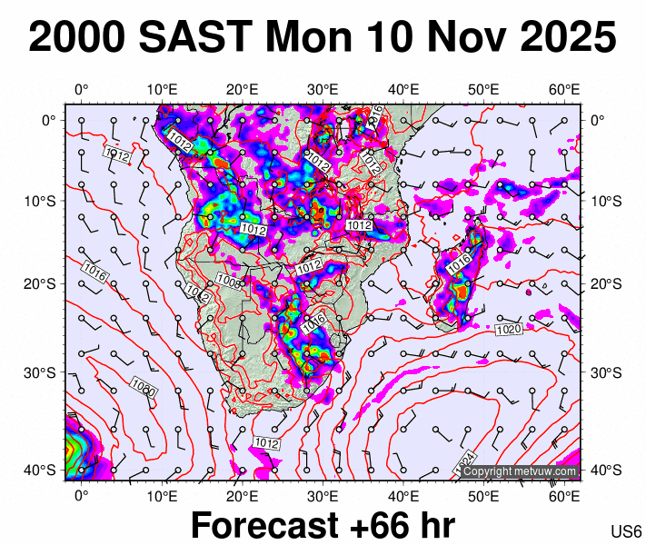 South Africa forecast chart for Monday, November 10th, 2025 at 6:00 PM