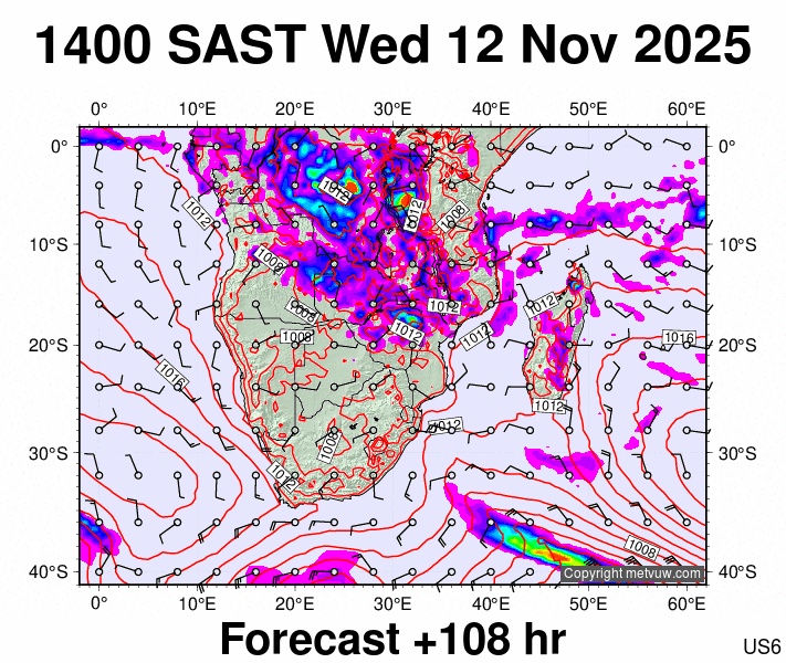 South Africa forecast chart for Wednesday, November 12th, 2025 at 12:00 PM
