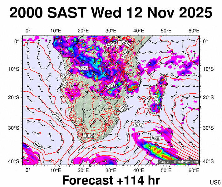 South Africa forecast chart for Wednesday, November 12th, 2025 at 6:00 PM