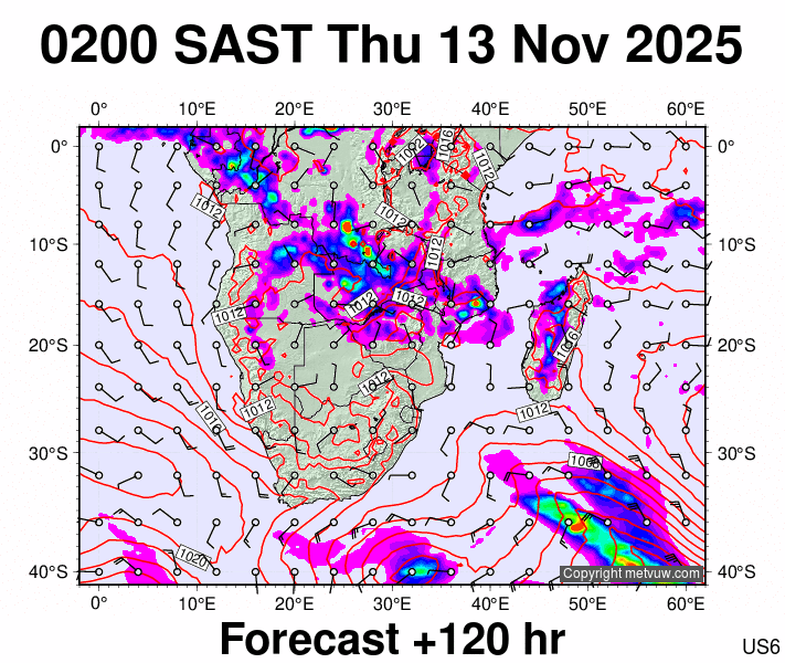 South Africa forecast chart for Thursday, November 13th, 2025 at 12:00 AM