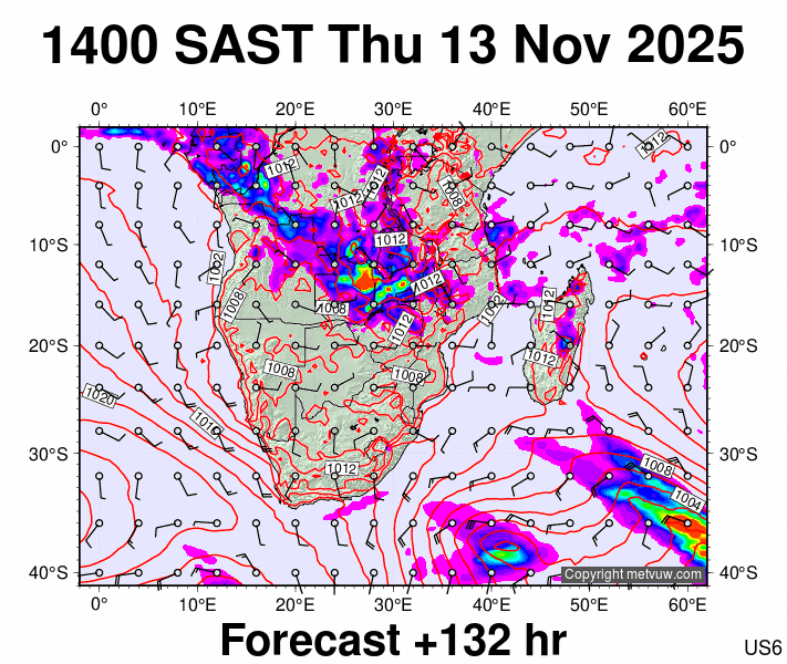 South Africa forecast chart for Thursday, November 13th, 2025 at 12:00 PM