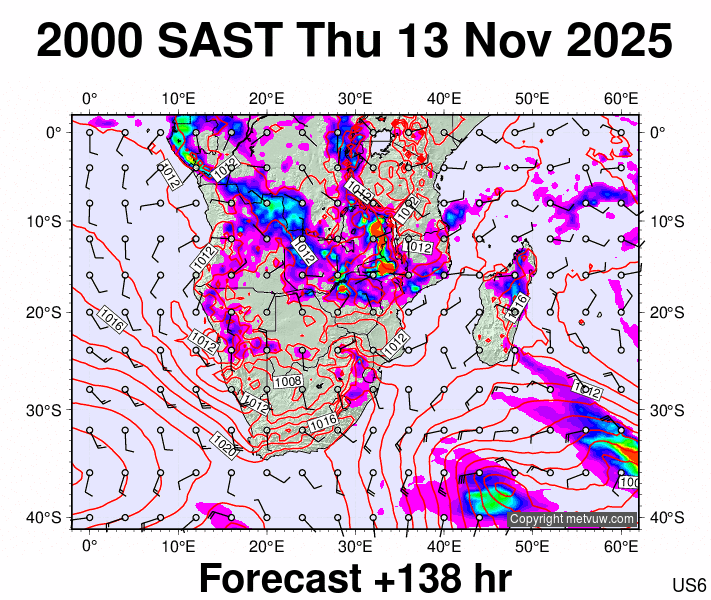 South Africa forecast chart for Thursday, November 13th, 2025 at 6:00 PM