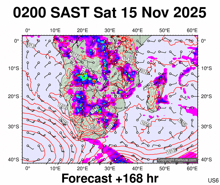 South Africa forecast chart for Saturday, November 15th, 2025 at 12:00 AM