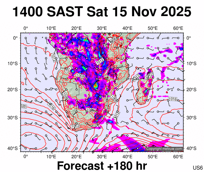 South Africa forecast chart for Saturday, November 15th, 2025 at 12:00 PM