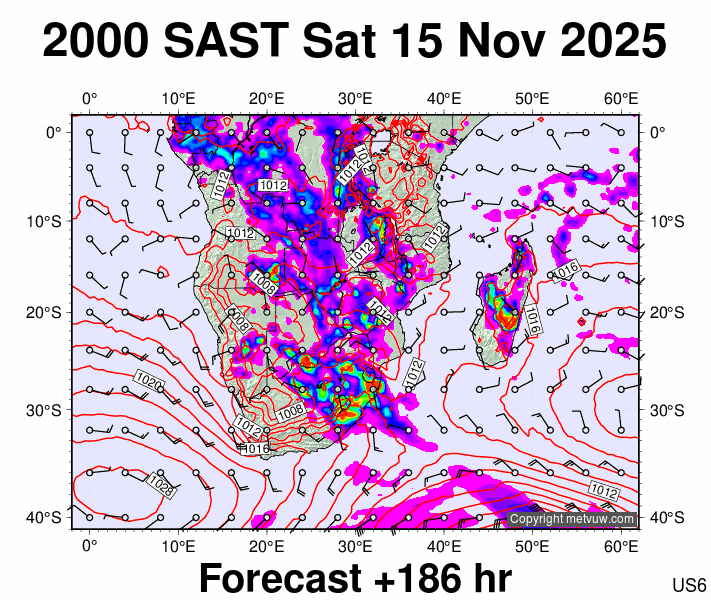 South Africa forecast chart for Saturday, November 15th, 2025 at 6:00 PM