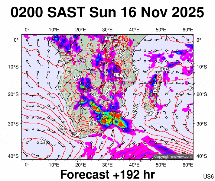 South Africa forecast chart for Sunday, November 16th, 2025 at 12:00 AM