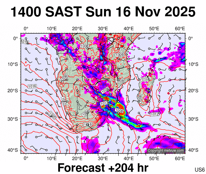 South Africa forecast chart for Sunday, November 16th, 2025 at 12:00 PM