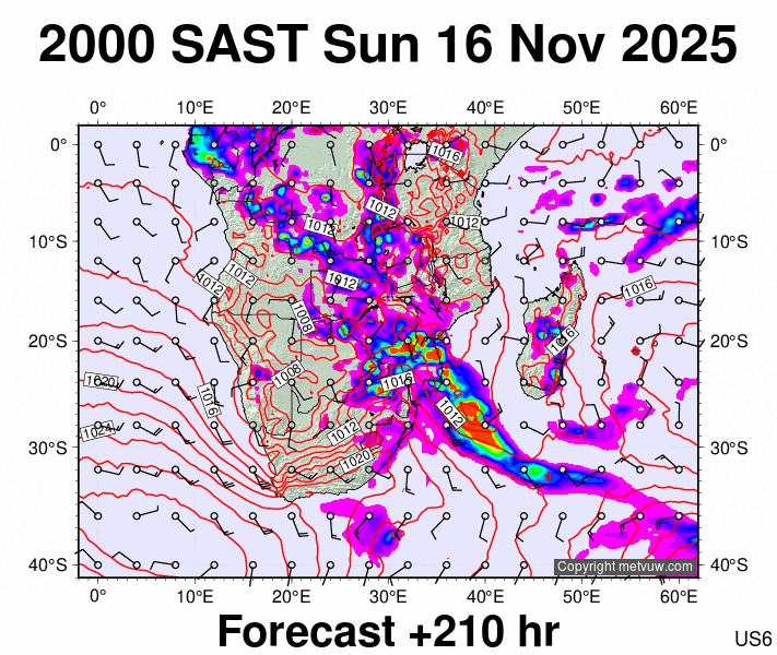South Africa forecast chart for Sunday, November 16th, 2025 at 6:00 PM