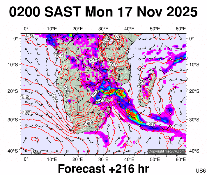 South Africa forecast chart for Monday, November 17th, 2025 at 12:00 AM