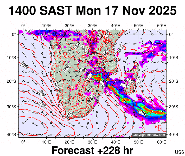 South Africa forecast chart for Monday, November 17th, 2025 at 12:00 PM