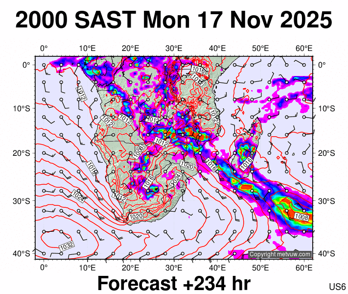 South Africa forecast chart for Monday, November 17th, 2025 at 6:00 PM
