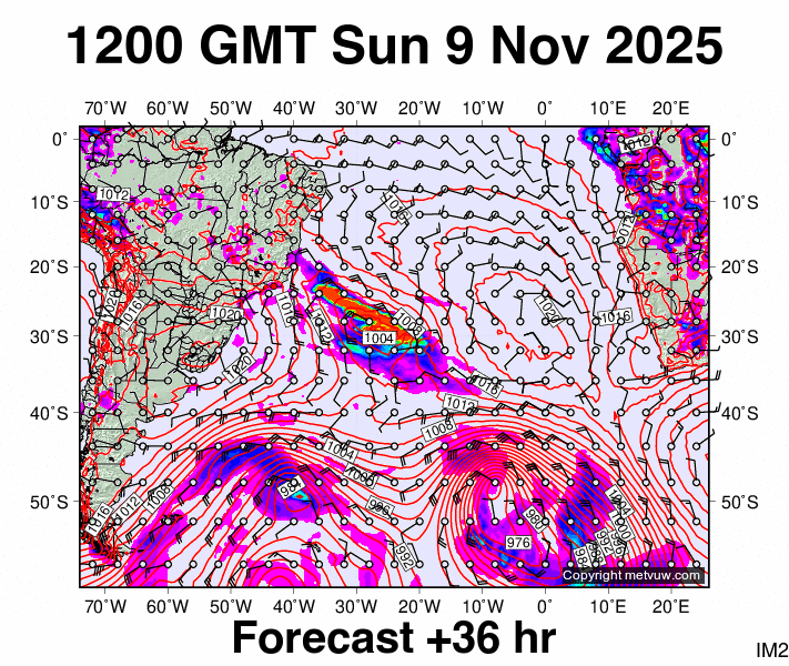 South Atlantic forecast chart for Sunday, November 9th, 2025 at 12:00 PM