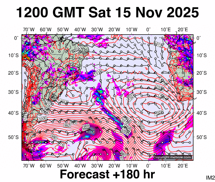 South Atlantic forecast chart for Saturday, November 15th, 2025 at 12:00 PM