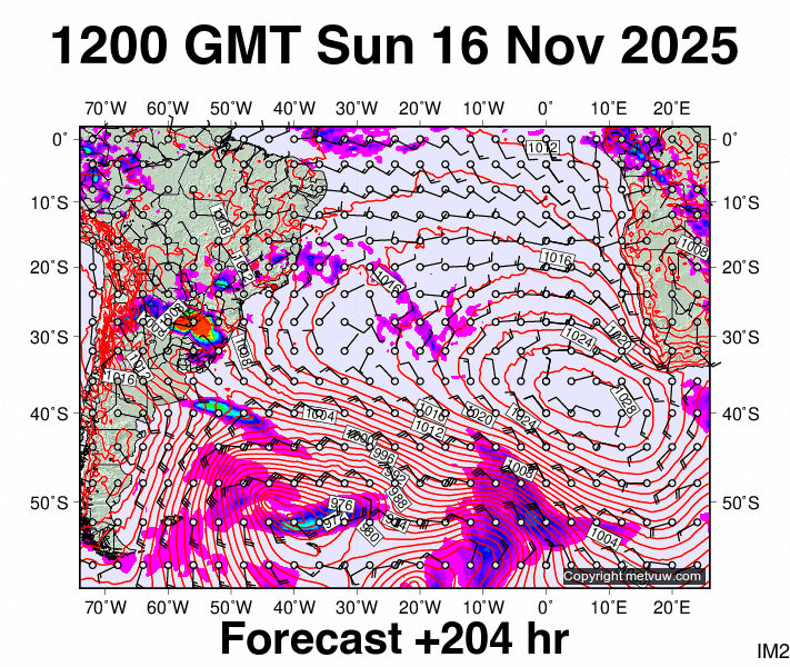 South Atlantic forecast chart for Sunday, November 16th, 2025 at 12:00 PM