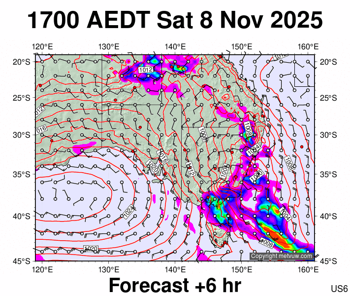 South East Australia forecast chart for Saturday, November 8th, 2025 at 6:00 AM