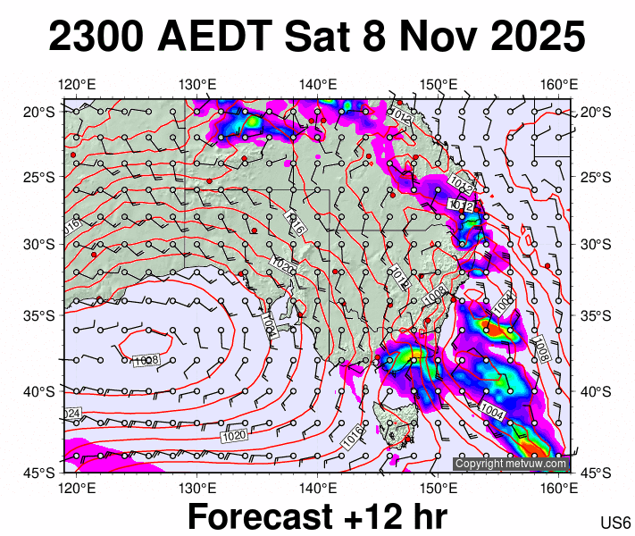 South East Australia forecast chart for Saturday, November 8th, 2025 at 12:00 PM