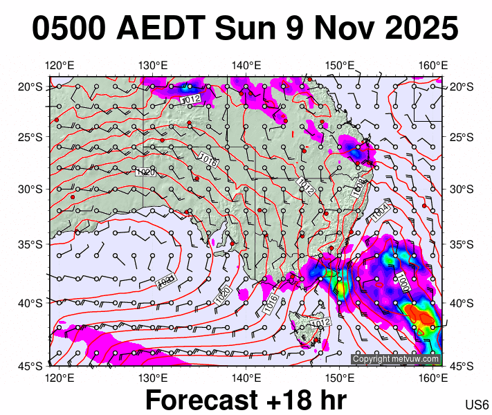 South East Australia forecast chart for Saturday, November 8th, 2025 at 6:00 PM