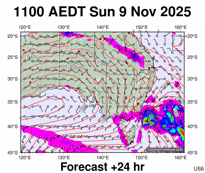 South East Australia forecast chart for Sunday, November 9th, 2025 at 12:00 AM