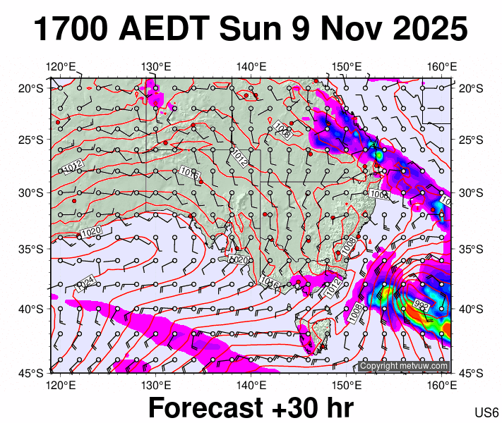 South East Australia forecast chart for Sunday, November 9th, 2025 at 6:00 AM