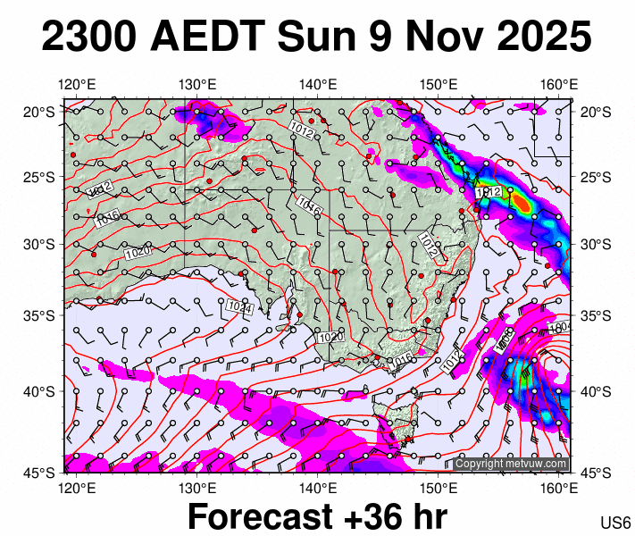 South East Australia forecast chart for Sunday, November 9th, 2025 at 12:00 PM