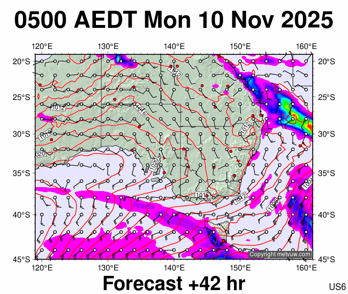 South East Australia forecast chart for Sunday, November 9th, 2025 at 6:00 PM