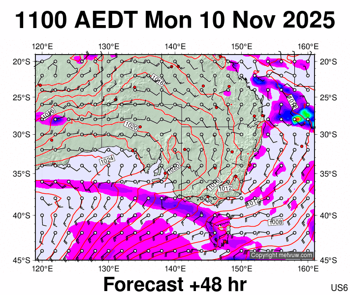 South East Australia forecast chart for Monday, November 10th, 2025 at 12:00 AM