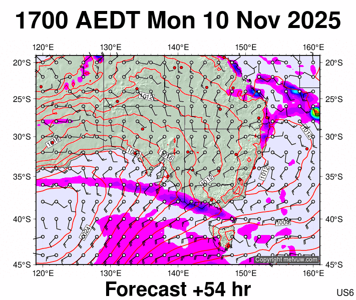 South East Australia forecast chart for Monday, November 10th, 2025 at 6:00 AM