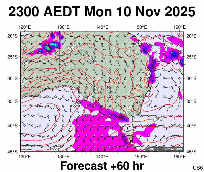 South East Australia forecast chart for Monday, November 10th, 2025 at 12:00 PM
