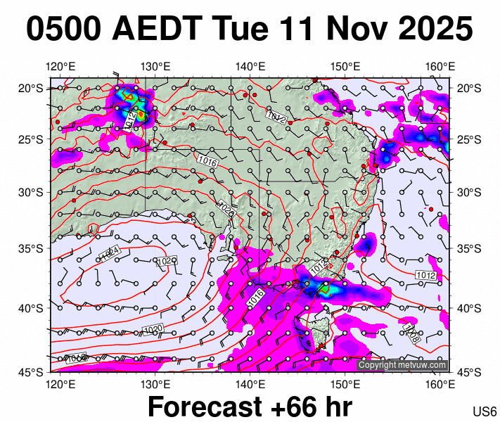 South East Australia forecast chart for Monday, November 10th, 2025 at 6:00 PM