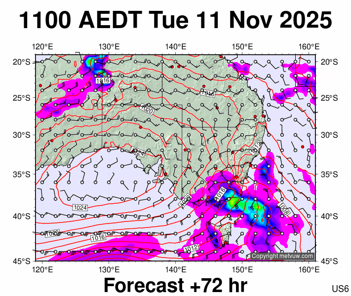 South East Australia forecast chart for Tuesday, November 11th, 2025 at 12:00 AM