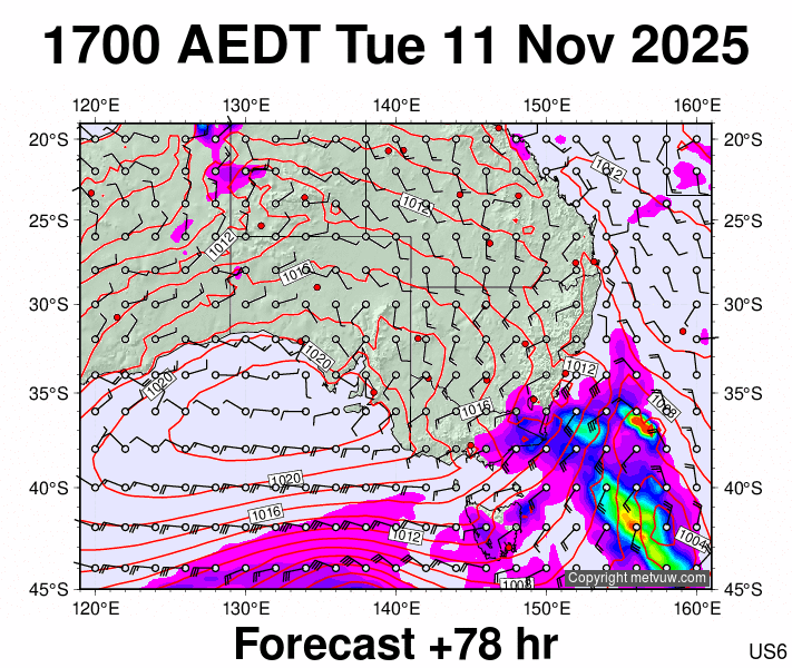 South East Australia forecast chart for Tuesday, November 11th, 2025 at 6:00 AM