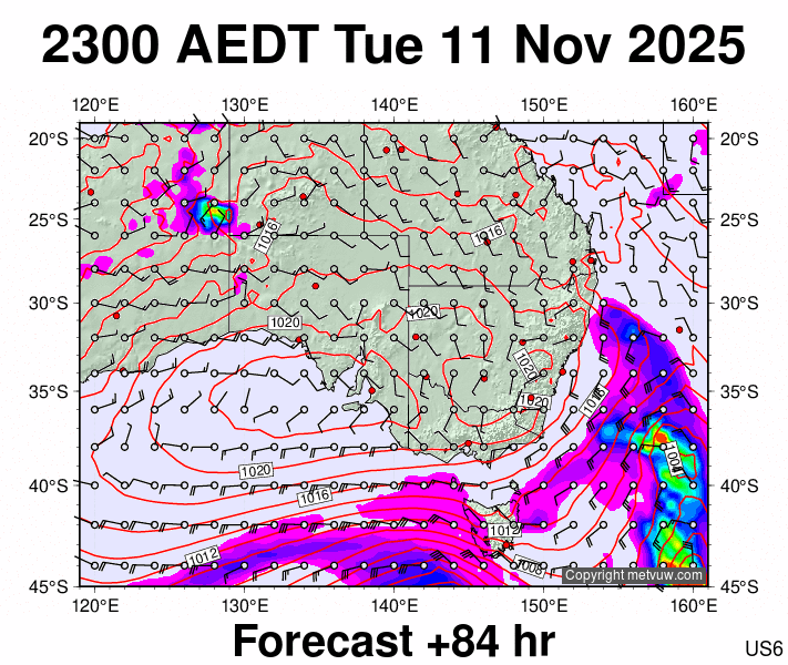 South East Australia forecast chart for Tuesday, November 11th, 2025 at 12:00 PM