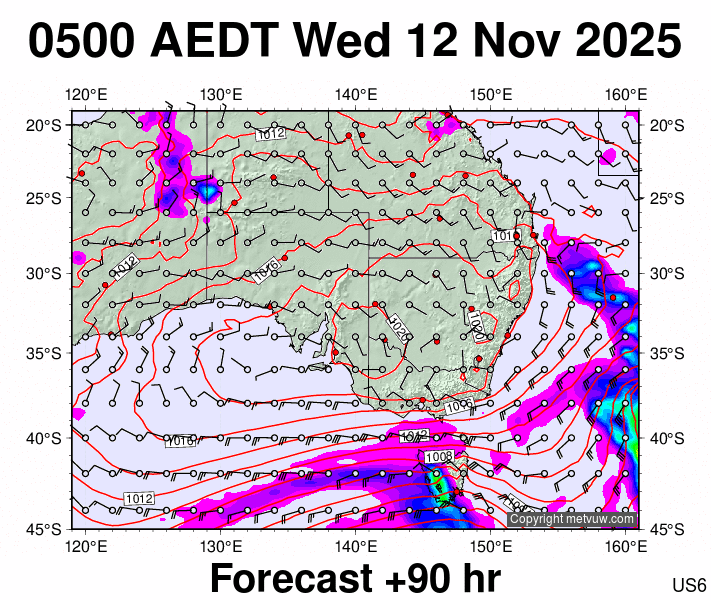 South East Australia forecast chart for Tuesday, November 11th, 2025 at 6:00 PM