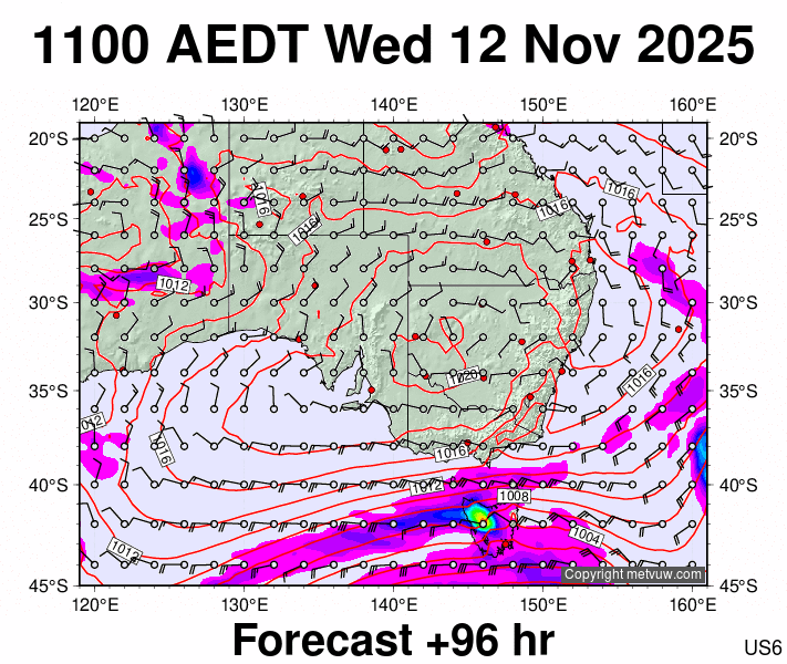 South East Australia forecast chart for Wednesday, November 12th, 2025 at 12:00 AM