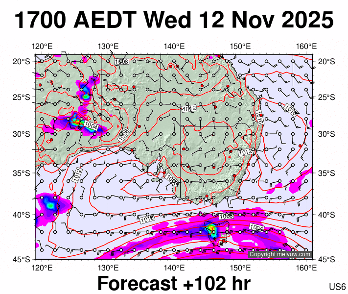 South East Australia forecast chart for Wednesday, November 12th, 2025 at 6:00 AM