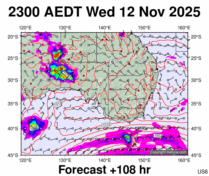 South East Australia forecast chart for Wednesday, November 12th, 2025 at 12:00 PM