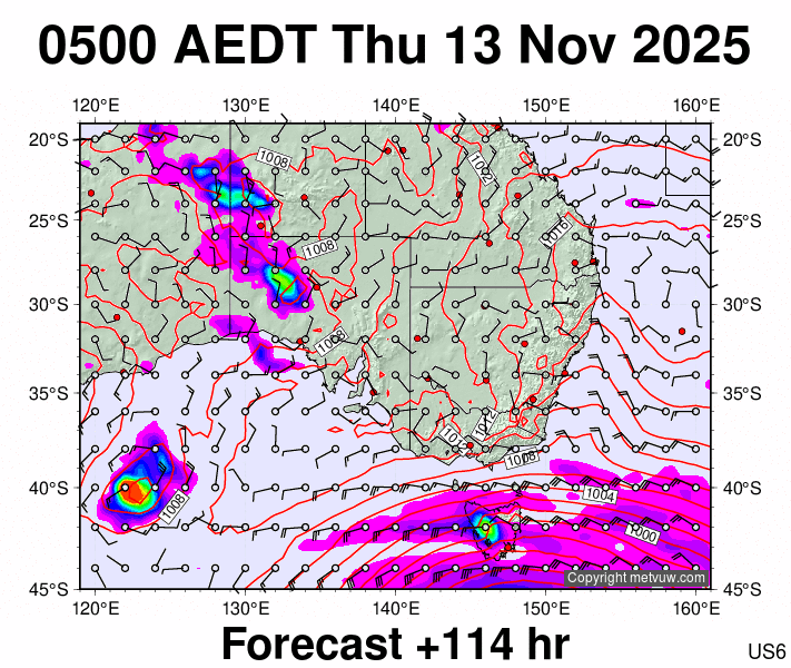 South East Australia forecast chart for Wednesday, November 12th, 2025 at 6:00 PM