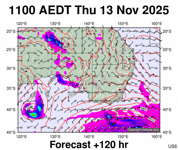 South East Australia forecast chart for Thursday, November 13th, 2025 at 12:00 AM