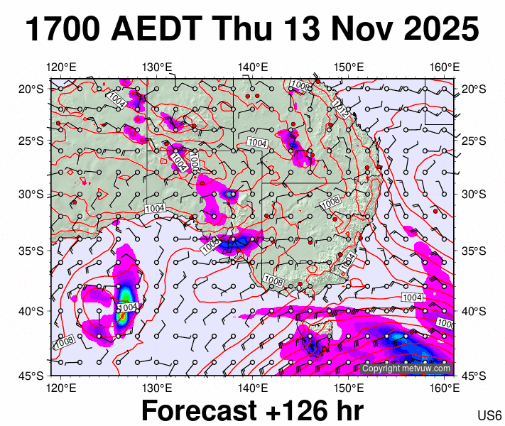 South East Australia forecast chart for Thursday, November 13th, 2025 at 6:00 AM