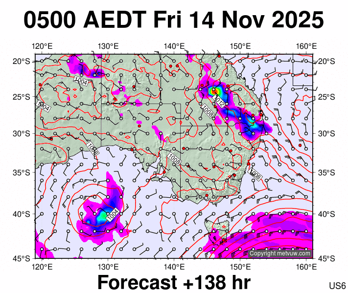 South East Australia forecast chart for Thursday, November 13th, 2025 at 6:00 PM