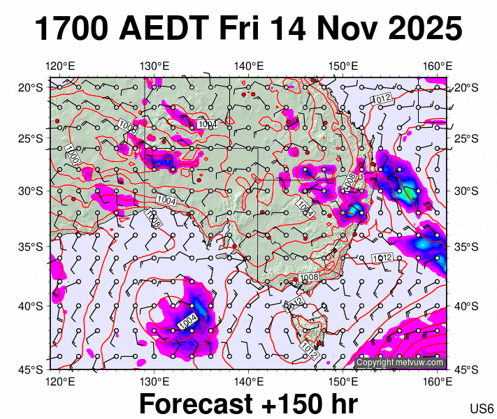 South East Australia forecast chart for Friday, November 14th, 2025 at 6:00 AM