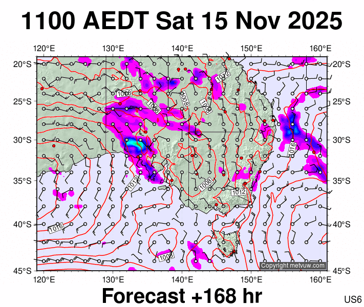 South East Australia forecast chart for Saturday, November 15th, 2025 at 12:00 AM