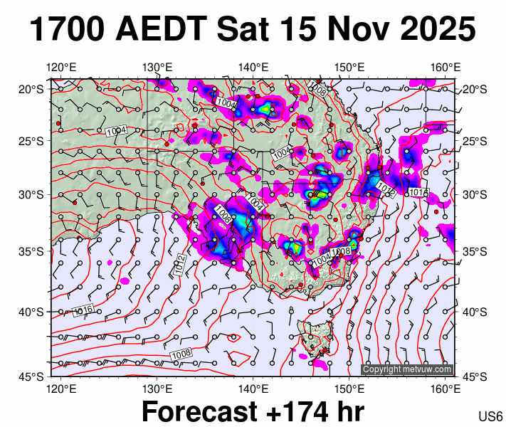 South East Australia forecast chart for Saturday, November 15th, 2025 at 6:00 AM