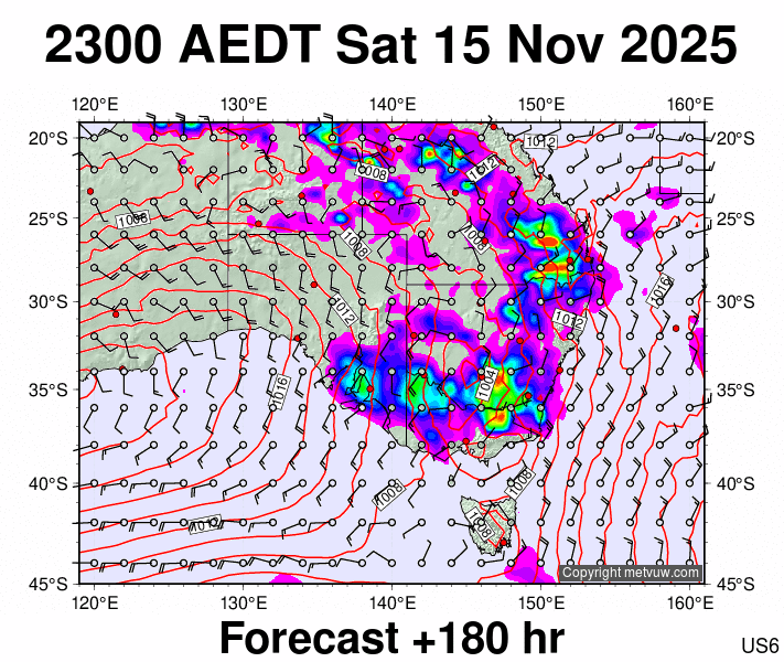 South East Australia forecast chart for Saturday, November 15th, 2025 at 12:00 PM