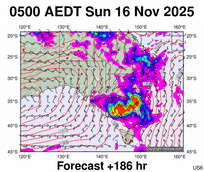 South East Australia forecast chart for Saturday, November 15th, 2025 at 6:00 PM