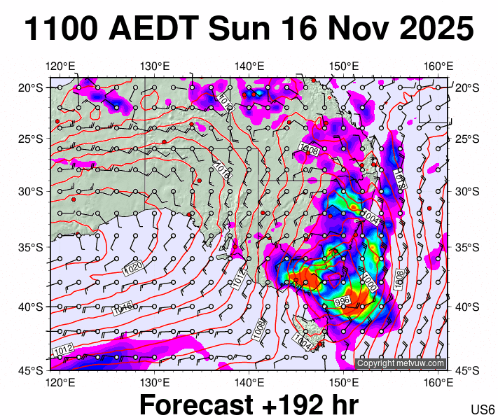 South East Australia forecast chart for Sunday, November 16th, 2025 at 12:00 AM
