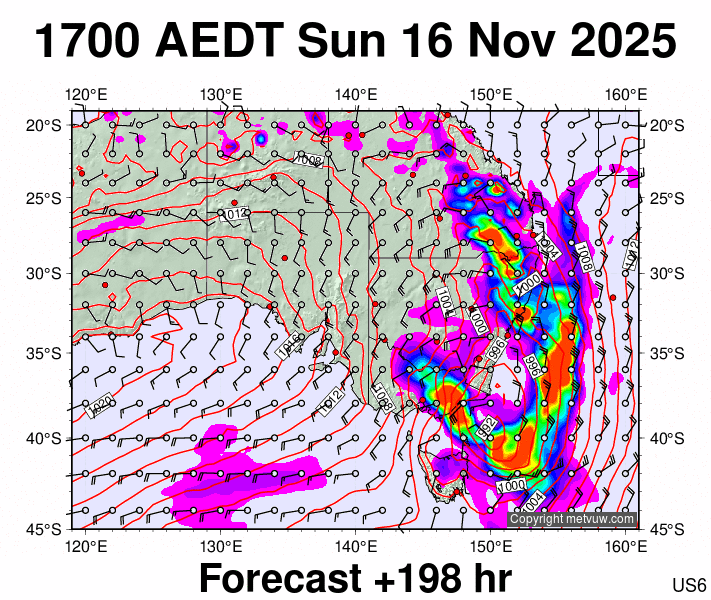 South East Australia forecast chart for Sunday, November 16th, 2025 at 6:00 AM
